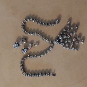 1930s Crystal Rhinestone Pearl Smokey Silver Bib Necklace Earrings Set LIKE NEW!